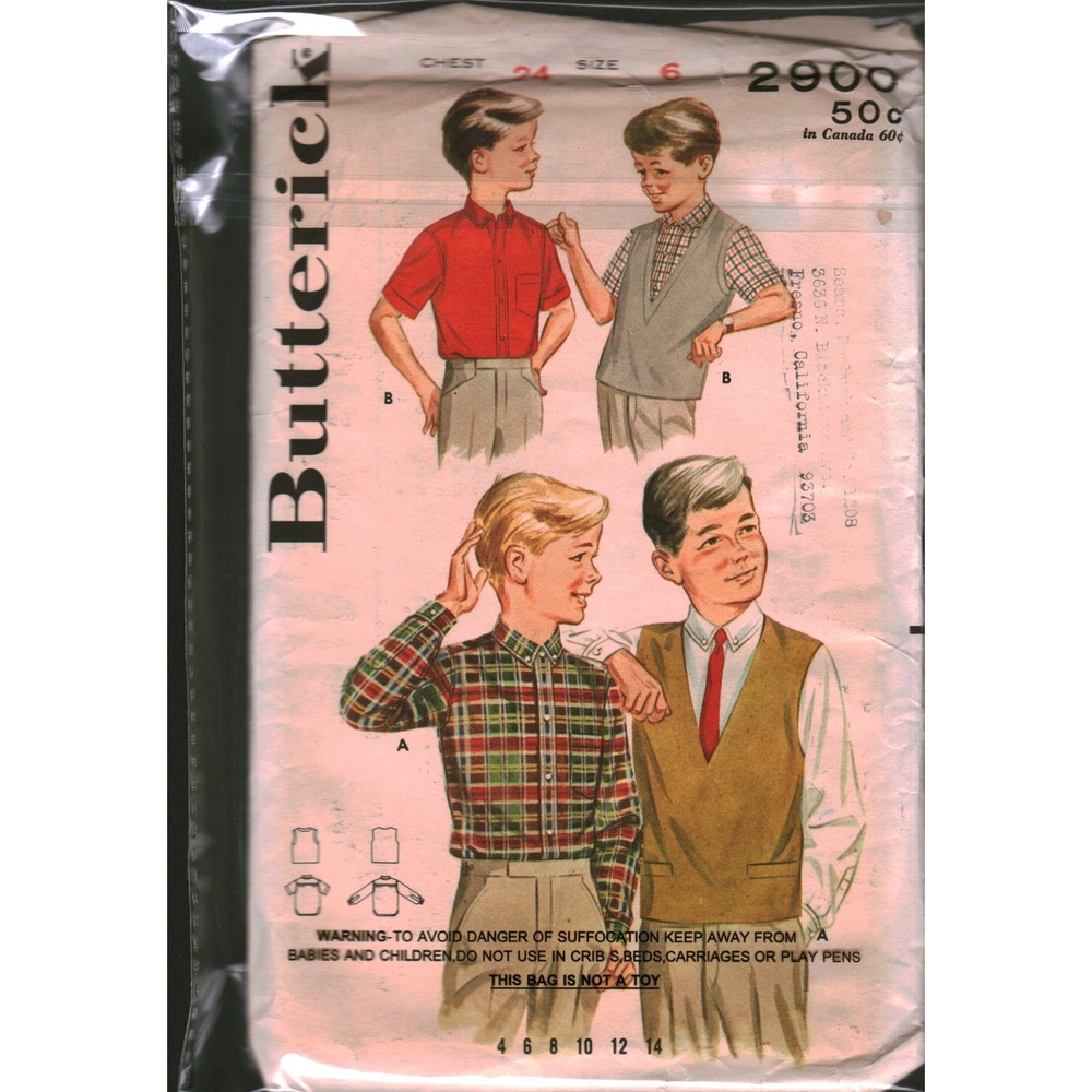Vintage Butterick 2900 Boys Shirt and Pullover Vest Sewing Pattern Sz 6 Chest 24